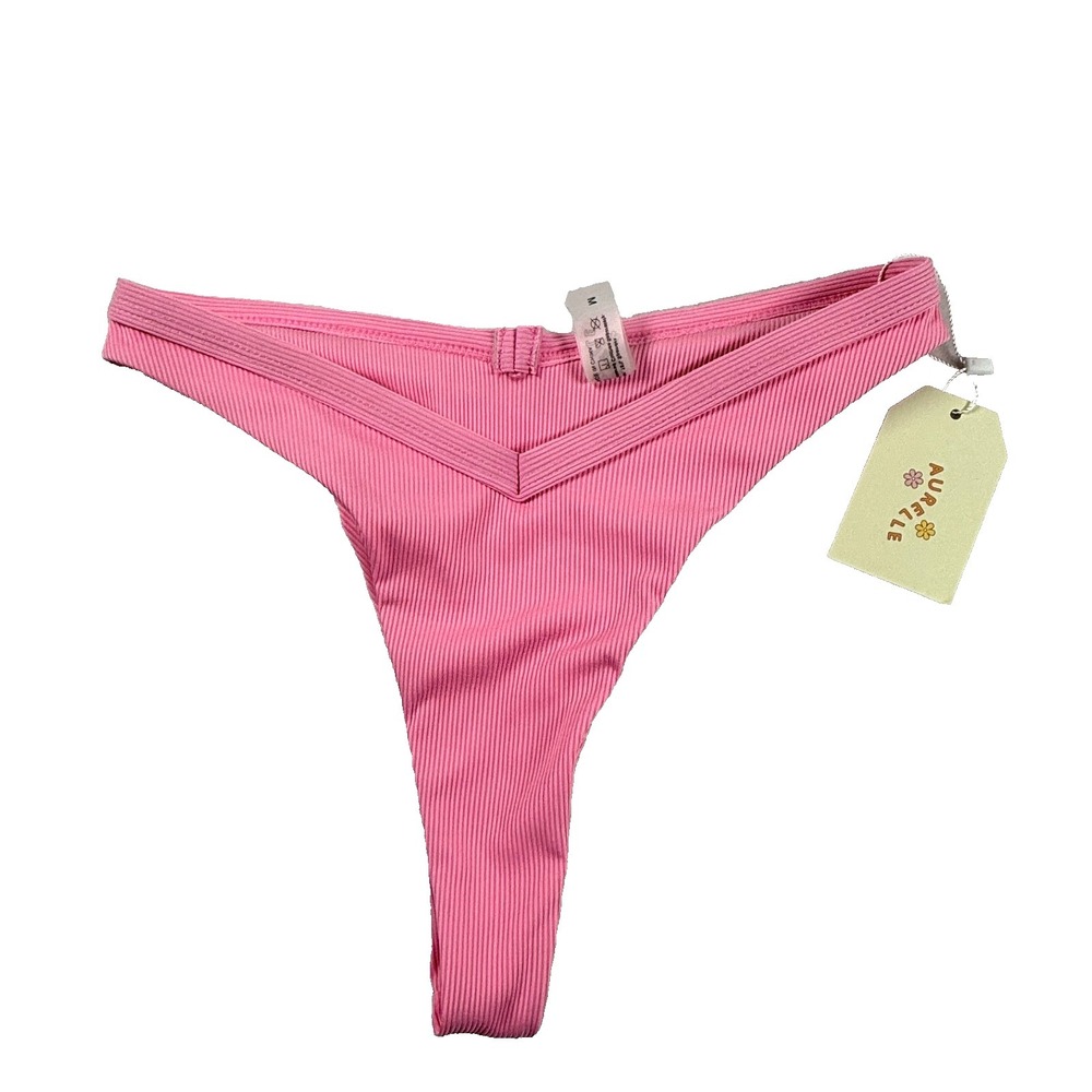 New Aurelle Ribbed Bikini Bottom‎ Size M Pink High Cut V Waist Cheeky Swim Beach
